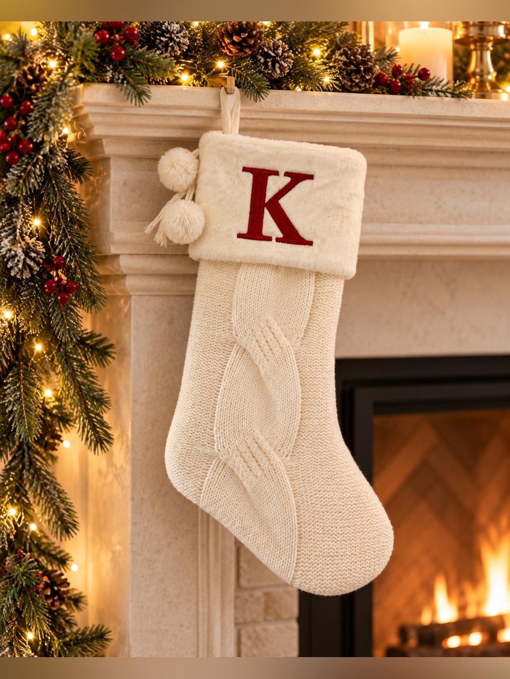 Wondershop Ivory Cable Knit Christmas Stocking Red K Monogram NWT